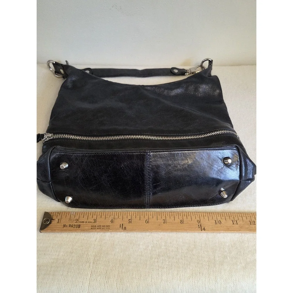 HOBO International Joelle Purse Black Polished Leather Shoulder Bag Silver Hardw